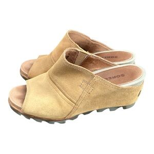 Sorel Wedge Mule Sandal Open Toe Tan Suede Slide Slip On Women’s Size 9